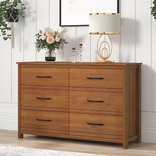 Galano Kellie Wooden 6 Drawer Dresser for Bedroom with Interlock Modern Storage Chest Dresser for Nursery and Children Wide Closet Organizer for Kids 158 D x 472 W x 310 H Amber Walnut