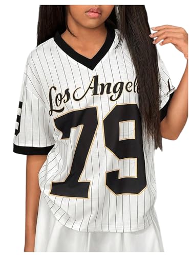 Girl's Jersey Shirt Number Letter Print Jerseys Summer Striped Sport Football Shirt V Neck Loose T Shirt