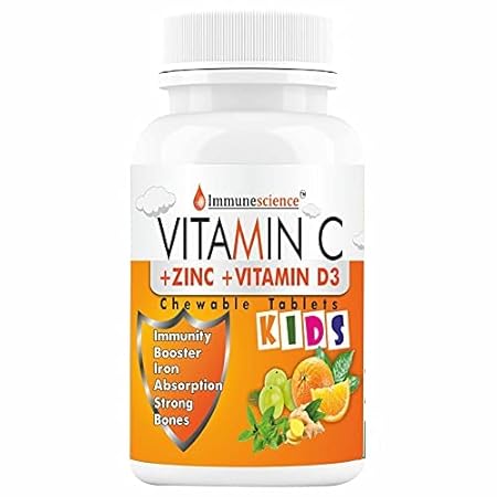 Immunescience Vitamin C Tablets For Kids with Zinc Supplements and Citrus Bioflavonoids, Immunity Booster for Kid's Strength, Energy, Growth & Strong Bones. Chewable Tablet Sugar Free-90 (orange)
