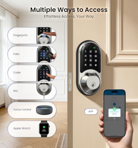 Image of Veise RZ07 Fingerprint Smart Door Lock Deadbolt, App Control, Satin Nickel | Remote Access Sharing, Fob Unlock, Keyless Entry for Front Door, Auto Lock, User Management, Easy Install, Low Battery Alarm