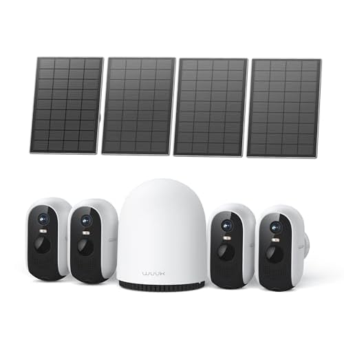 WUUK 2K Solar Security Cameras Wireless Outdoor, Home Security Camera Support Up to 8 Cams, 4 Cam-Kit, Forever Power, No Monthly Fee, 32G Local Storage, Compatible for Alexa, Google Home, 2.4G&5G WiFi