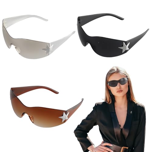 3 PCS Y2K Sunglasses, Y2K Rimless Sunglasses for Women Men, Frameless Wrap-Around, Oversized, Fashionable, Trendy, UV Protection, Unisex (Brown, Black, Gradual White)