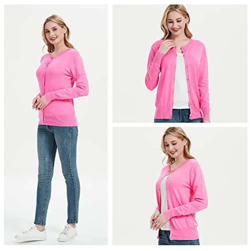Women's Crew Neck Button Down Long Sleeve Cardigan Sweater Pink #TOP2