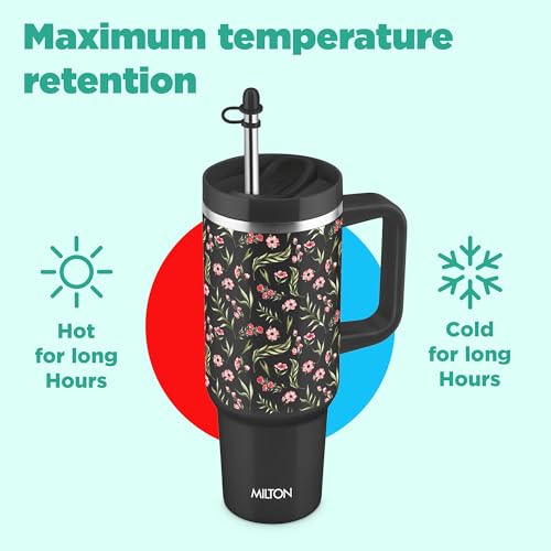 Image of MILTON Malmo 1200 Thermosteel Double Wall Vacuum Insulated Stainless Steel Tumbler with Handle 1100ml, Travel Mug with Straw,Silicon Cap,Cleaning Brush,Hot & Cold Beverage Flask,Floral Black