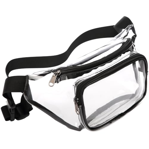 Veckle Clear Fanny Pack Stadium Approved - Adjustable 33-47 Inch Strap Transparent Belt Bag for Women Men Fits 7.5-inch Smartphone Waist Bag Clear Bag for Stadium Events Sport Concerts Black
