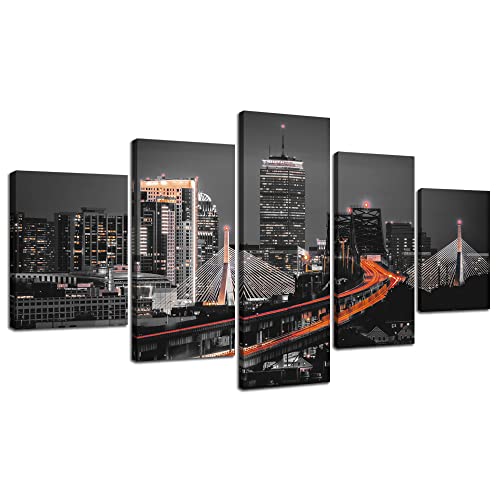 Black And White Boston Wall Decor Boston Skyline Wall Art Us Cityscape Picture Canvas Print Tobin Bridge, Zakim Bridge Poster Painting Stretched Frame Home Living Room Decoration(60X32 Inches) #TOP8