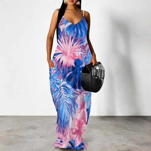 Image of SUZONANA Women's Plus Size Summer Dresses Spaghetti Print Maxi Dresses Long Loose Sundresses