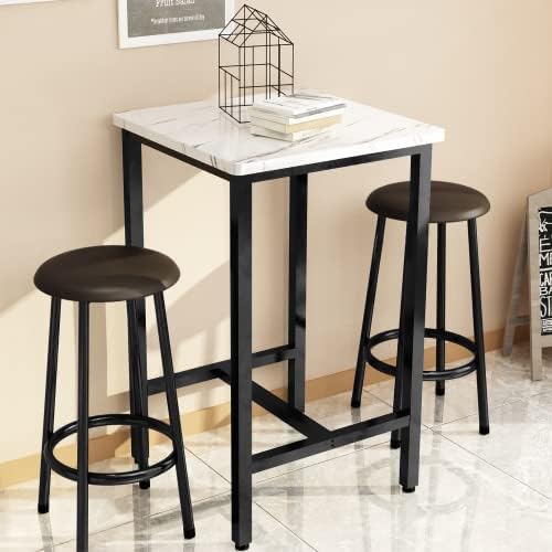 AWQM 3-Piece Dining Table and Chairs Set for Small Space, Bar Set with 1 Square Table and 2 Round Stools, Coffee Table Set for 2, Breakfast Table with Footrest and for Home & Kitchen (White)