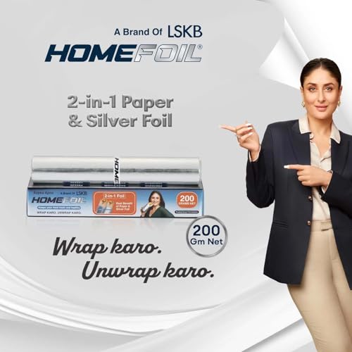 Image of HOMEFOIL 2-in-1 Paper & Silver Converted Aluminium Foil (200 Grams Net) for Food Packing | Keeps Food Fresh | Ideal for Food Wrapping, Packing, Storing and Serving | 13.22 Meter Net Guaranteed Length