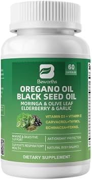 B BEWORTHS Oil of Oregano with Black Seed Oil - Oregano Oil Capsules | Moringa, Elderberry, Echinacea, Garlic, Fennel - Carvacrol Oregano Oil for Immune, Gut, Antioxidant, Respiratory Support - 60 Ct