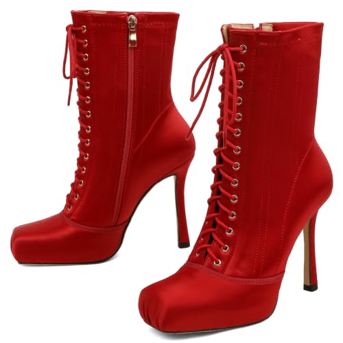 UBRT Women's Ballet Mid Calf Satin Lace Up Side Zipper Stiletto Heels Boots-Red-8.5