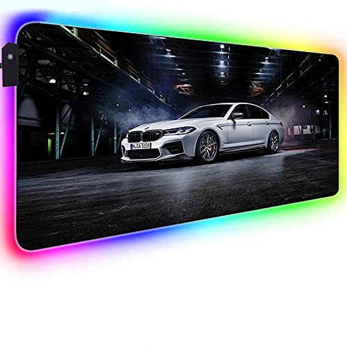 Mouse Pads White Car in Parking Lot LED Lighting RGB Gaming Mouse Pad Non-Slip Rubber Base Extended Large Mouse Mat for PC 27.6x11.8 inches
