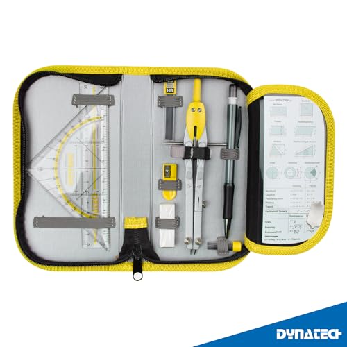 DynaTech Zirkel Set Geometrieset 13-Teilig mit Schnellverstellzirkel, Geodreieck, Parabel, Bleistift, Lineal, Spitzer und Ersatzminen im Etui - praktisches Mathematik-Set inkl. Federmappe (Gelb)