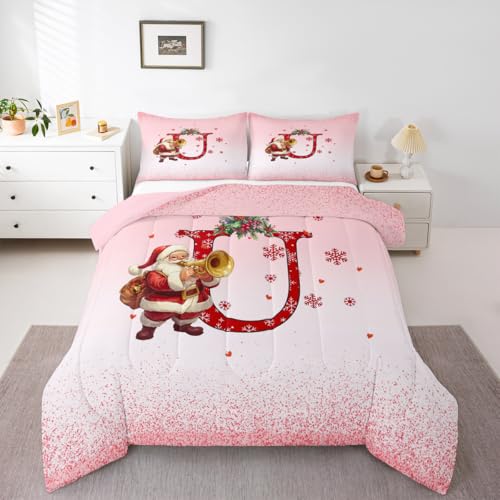 Homemissing Juego de edredón rosa con temática navideña para niños, tamaño doble, con iniciales personalizadas, letra U, juego de ropa de cama para niños y niñas, copos de nieve de Navidad, lindo