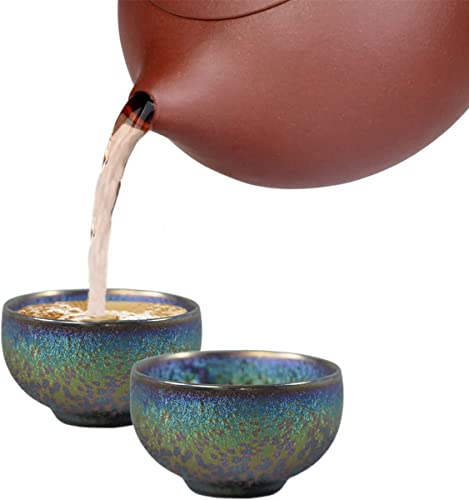 Cmengao Jianzhan Tenmokus Tea Cups Set, 3D Silver Lotus Kungfu Tea Cups, Handmade Dragon Phoenix Ceramic Tea Cups Set Beautiful Porcelain Fish Tea Cup (Peacock Jianzhan Set Of 2) #TOP4