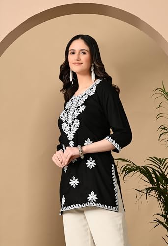 Image of LIBOZA Women's Chikankari Embroidered Short Kurti, Rayon Fabric, Three-Quarter Sleeves, Available in Pink, Black, Mustard Yellow, White, Pista and Green