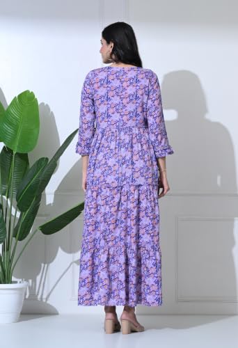 Image of Amazon Brand - Tavasya Women Botanical Floral Printed Maternity Midi Dress | Round Neck | 3 /4 Ruffle Sleeves | Concealed Feeding Zip | Gathered Tiered Nursing Dress