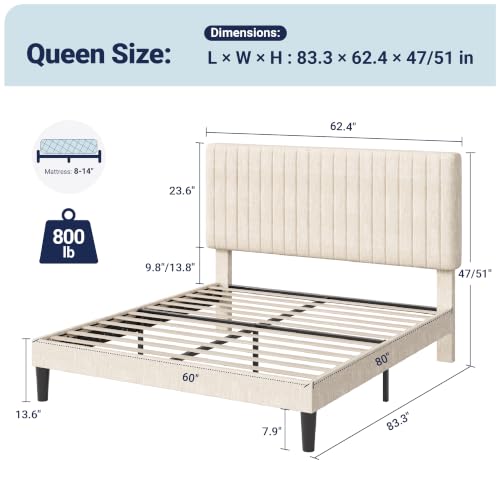 Image of Allewie Queen Bed Frame, Upholstered Platform Bed with Adjustable Vertical Channel Tufted Headboard, Mattress Foundation with Strong Wooden Slats, Box Spring Optional, Easy Assembly, Chenille White