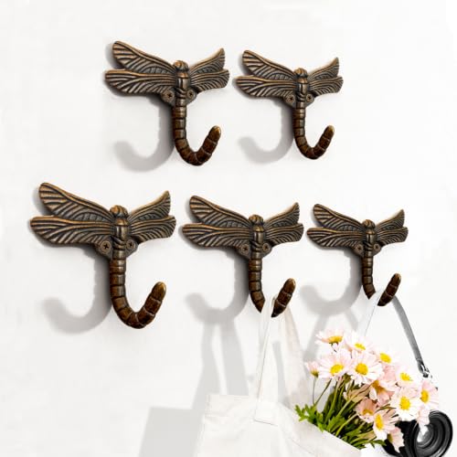 FKLOYP 5pcs Dragonfly Coat Hooks Decorative Animal Wall Mounted Heavy Duty Hooks Vintage Towel Bathrobe Hook for Home Handbag Clothes Hats Bags Keys Indoor Outdoor(Antique Bronze)