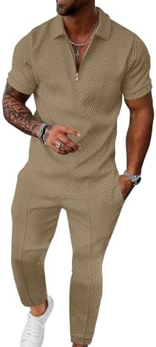 UOUA Mens 2 Piece Outfits 1/4 Zip Polo Casual Pants Set Texture S...