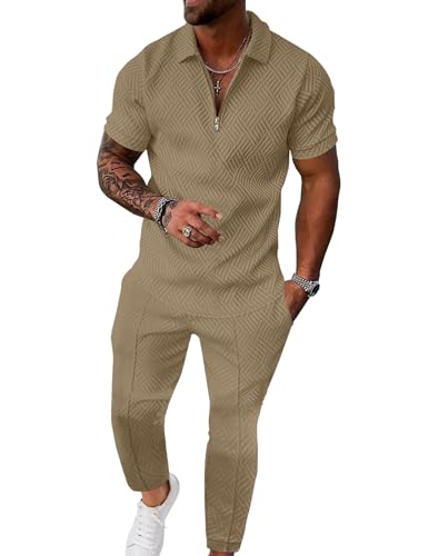 UOUA Mens 2 Piece Outfits 1/4 Zip Polo Casual Pants Summer Set Tracksuit
