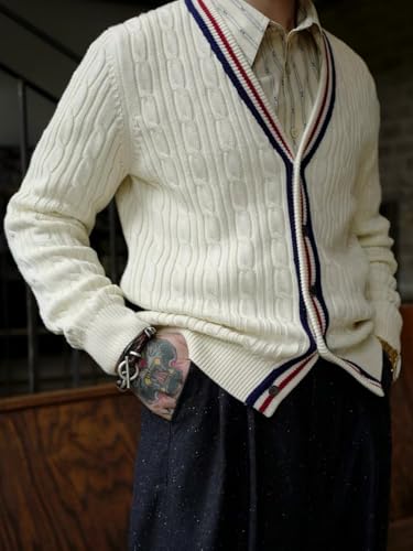 Men's V-Neck Cable Knit Cardigan Sweater - Long Sleeve Button-Up 100% Acrylic Warm Sweater (Ivory)2