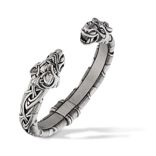Viking Bracelet - Adjustable Pewter Norse Arm Ring - Scandinavian Nordic Mythology Strong Handmade Pagan Jewelry - Bracelet with Fenrir Wolf Head Bangle Ring Cuff for Men Women