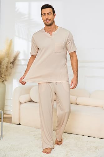 JiniGolla Mens Pajamas Set Soft Waffle Knit Short Sleeve Top and Pant Loungewear Sets 2 Piece Pjs with Pockets4