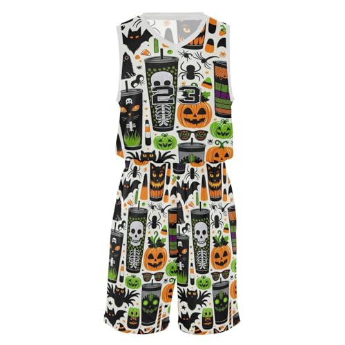 FLildon Halloween Milk Tea Tumblers Boys Basketball Jersey Set Tank Top Shorts Tracksuit Sport Training Suit for Kids, S