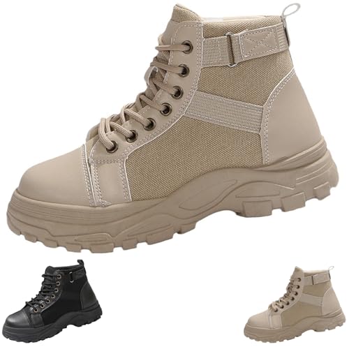 Botines de invierno para mujer, con cordones, botas de plataforma media pantorrilla para mujer, punta redonda, botas antideslizantes, botas de trekking chic y versátiles, botas lisas zapatos casuales