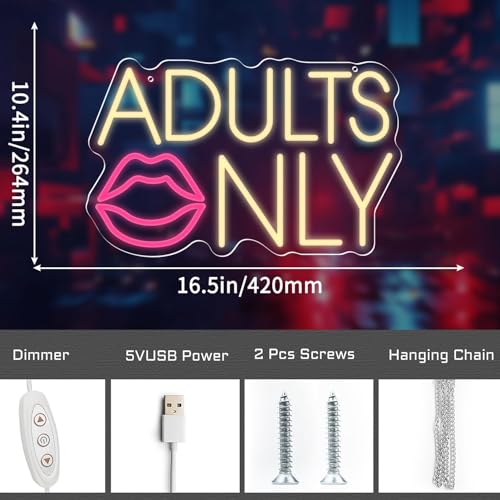 Image of Adults Only Neon Sign with Lips, Warm Yellow and Pink LED Neon Light for Wall Decor, Dimmable Sexy Signs for Home Bar, Club, Man Cave, Bachelor Party, Bedroom, Apartment Aesthetic Art (10.4 inch x 16.5 inch)