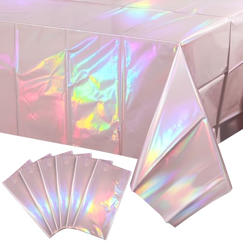 Image of 6 Pack Iridescent Light Pink Tablecloth for Parties, Pastel Pink Holographic Plastic Table Cover, Disposable Laser Baby Pink Table Cloth for Birthday Wedding Baby Shower Party Decorations, 54x108 Inch