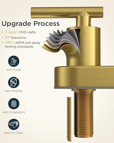 Image of FORIOUS 4 inch Brushed Gold Bathroom Faucet Centerset 4 Inch, 2 Handle 2 Hole Gold Faucets for Bathroom Vanity wtih Metal Pop Up Dain, CUPC Supply Hose, High Arc Swivel Spout