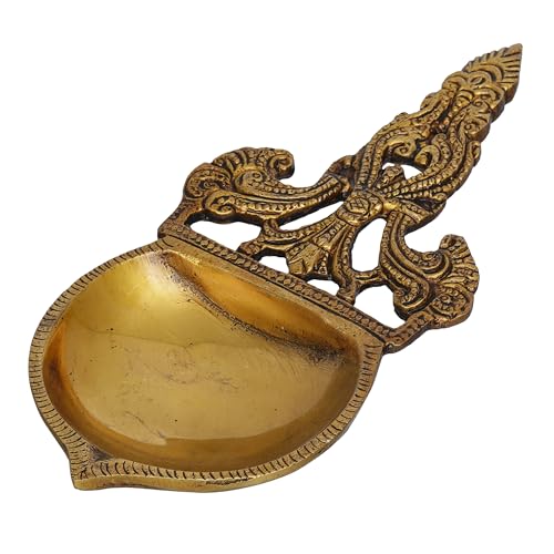 Image of eCraftIndia Golden Ethnic Design Brass Diya with Handle - Ideal for Home Temple for Ganesh Chaturthi, Navaratri, Diwali