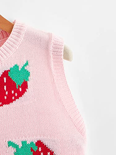 Makemechic Women's Strawberry Sweater Vest Cropped Sleeveless Sweater Tank Tops Pink M #TOP3