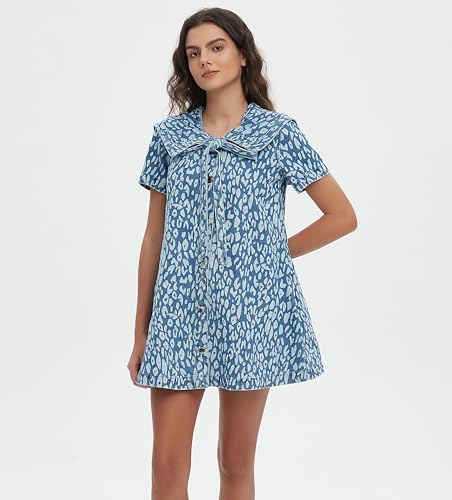 D-Sun Women's Denim Mini Dress Summer Short Sleeves Leopard Print Denim Babydoll Dress Navy Collar A-Line Jean Dresses3