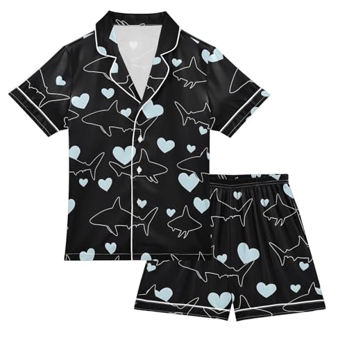 ALAZA Shark Line Heart Black Satin Pajamas Set Short Sleeve Button Down Sleepwear Summer Pjs 2 Piece