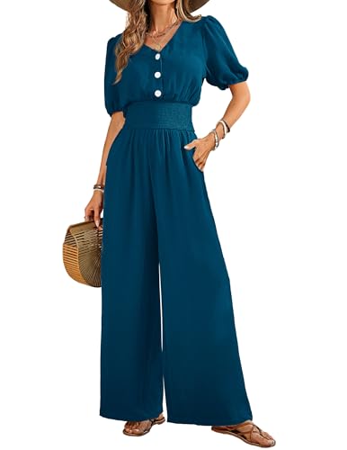 LOOKBOHO Jumpsuits for Women Short Sleeve Smocked High Waist Wide Leg Dressy Casual Rompers V Neck One Piece Outfits