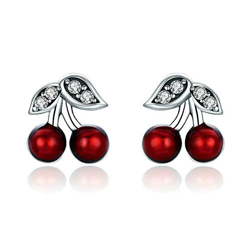Orecchini a bottone in argento sterling 925 con piccola ciliegia rossa smaltata, orecchini a bottone a farfalla in argento sterling massiccio con chiusura a pressione - Italia