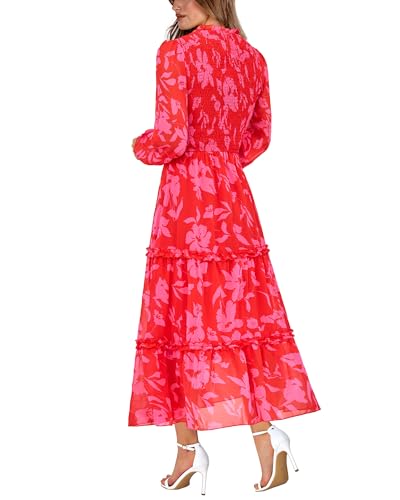 Image of NOLLSOM Women 2026 Spring Dress Floral Boho Dress Casual Long Sleeve Crew Neck Ruffle A-Line Flowy Wedding Guest Maxi Dresses