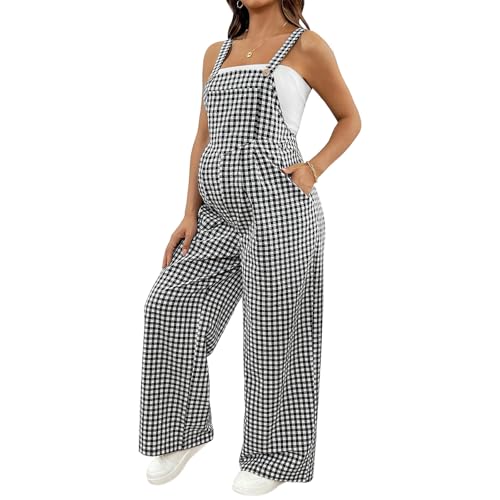 XAGMODSHN Cómodo overol de maternidad con patrón a cuadros, transpirable, para embarazo, sensible al posparto, blanco y negro, M