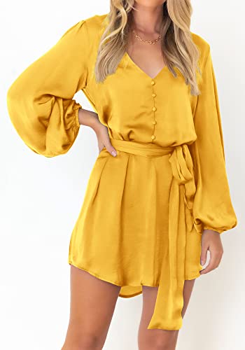 Prettygarden Women's Spring Long Puff Sleeve Satin Dress V Neck Cocktail Party Belted Short Formal Dresses (Yellow,Large) #TOP6