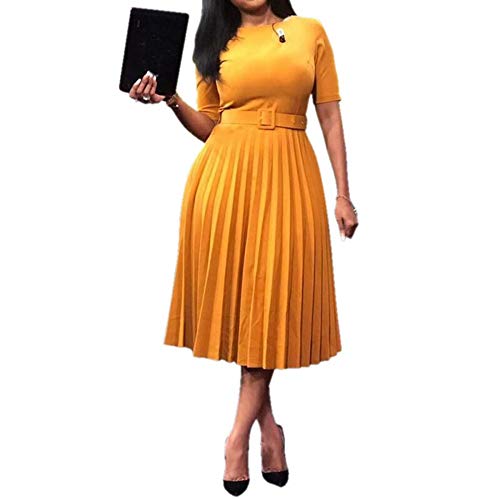 VERWIN-Short-Sleeve-Round-Neck-Womens-Maxi-Dress-Pleated-Plain-Belt-Dress-XXL-Yellow