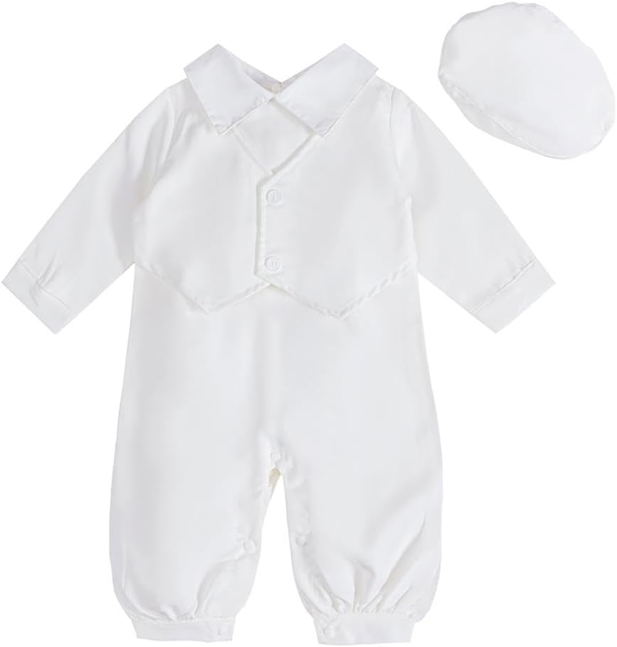 Dressy Daisy Baby Boy Baptism Christening Outfit White Jumpsuit Romper & Beret Hat for Infant Toddler Kids Bautizo Size 6M-3T