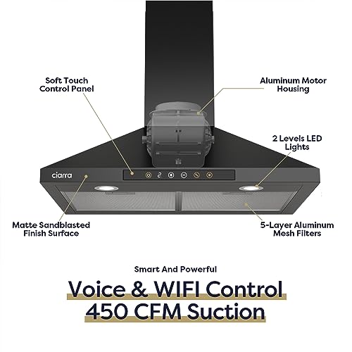 Image of CIARRA Smart Range Hood 30 inch with Voice Control, Compatible with Alexa /Google Home /Smart Life Assistant, Wall Mount Range Hood with Carbon Filters in Black, CAB75206W-003