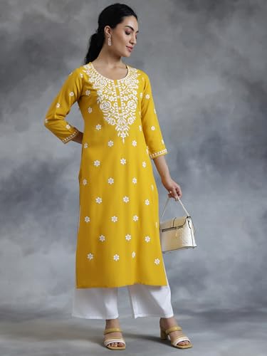 Image of Libas Womens Embroidered Viscose Straight Kurta for Women | Ethnic wear | Bridal Suit | Wedding Dress | Occasion wear