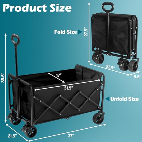 Image of Collapsible Wagon Cart with Wheels Foldable: 500LBS Heavy Duty Folding Utility Wagon - Portable All Terrain Grocery Wagon Cart for Groceries Shopping Outdoor Camping Sports (Black-500Lbs)