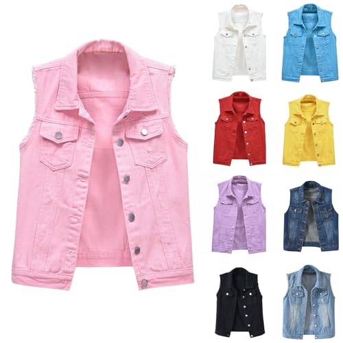 HUIFUAO Ärmellose Denim-Jacken für Damen, Übergröße, Jeans-Weste, Knopfleiste, Revers, Weste, Tanktops mit Tasche, Vintage-Weste, Schwarz, M
