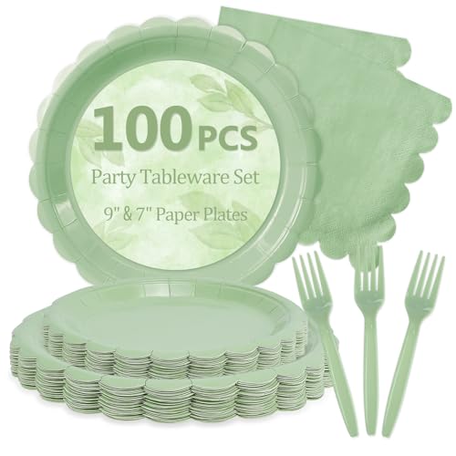 Image of 100 Pcs Sage Green Paper Plates and Napkins Disposable Set for Baby Shower