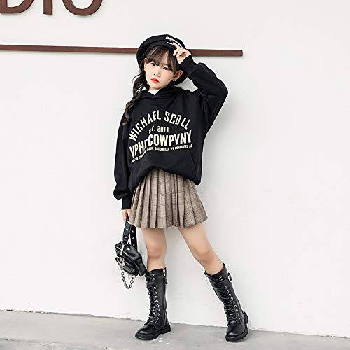 Girl's Fashion Waterproof Leather Buckle Lace-Up Side Zipper Knee High Mid Calf Combat Riding Boots Girls Autumn Winter Boots2